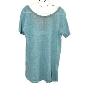 NOT SHY CASHMERE Shirt Wm L 100% Linen Beaded Scoop Back Teal Pastel SPRING